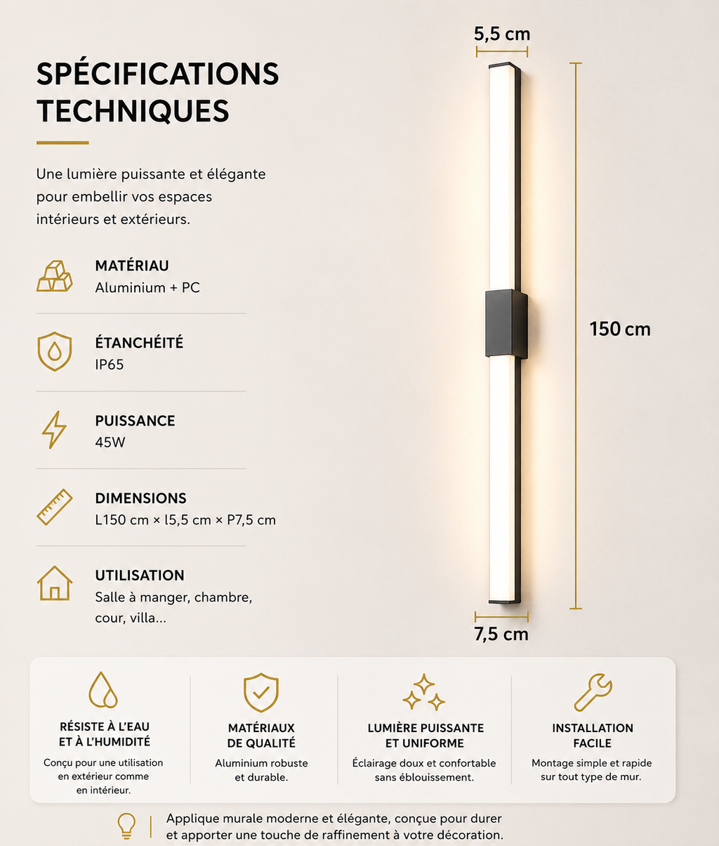 Applique Murale LED Extérieure Verticale IP65 30 à 120 cm