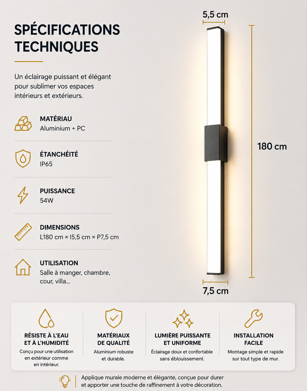 Applique Murale LED Extérieure Verticale IP65 30 à 120 cm