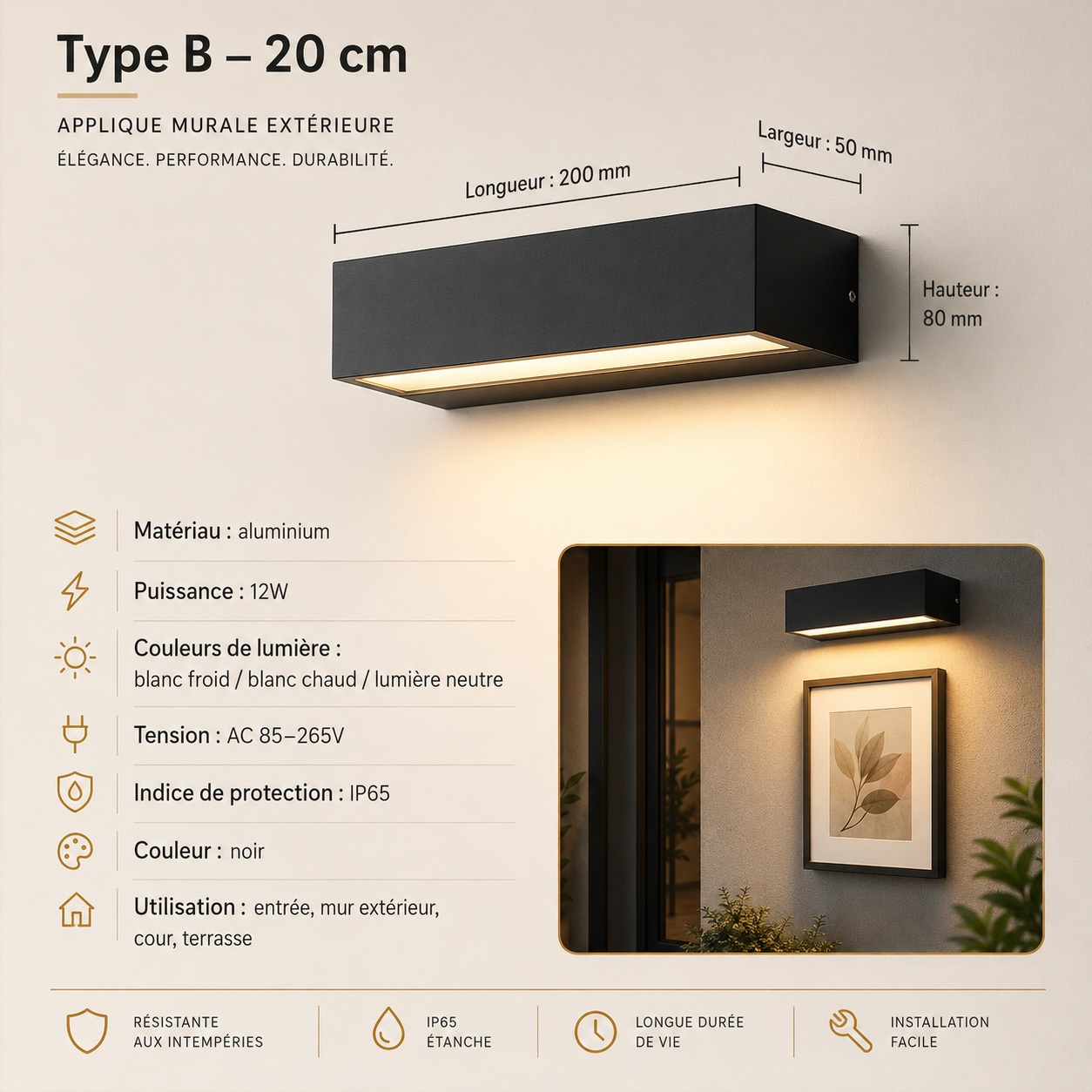 Applique Murale Extérieure LED IP65 Aluminium Noire