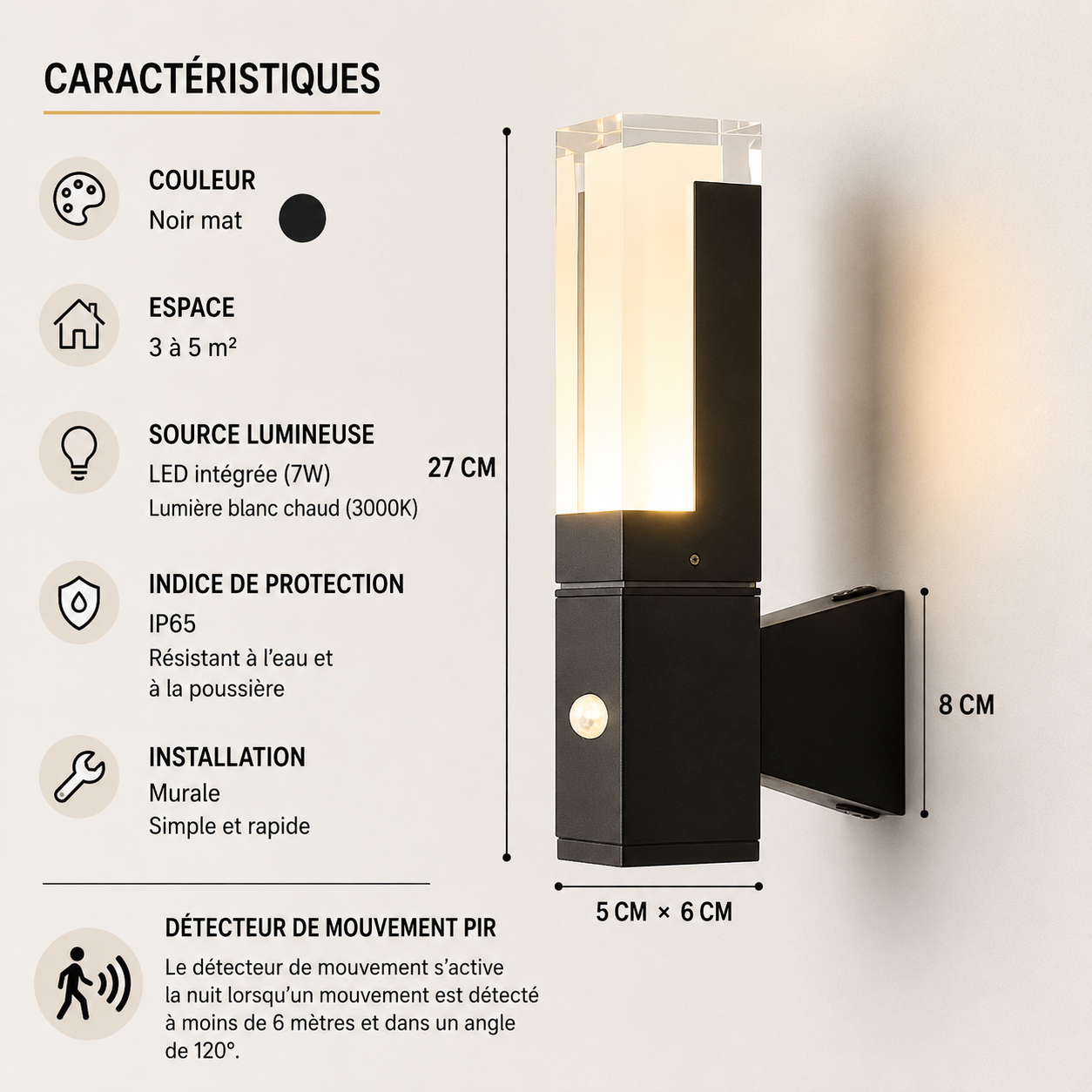 Applique Murale LED Extérieure IP65  Avec ou Sans Détecteur PIR