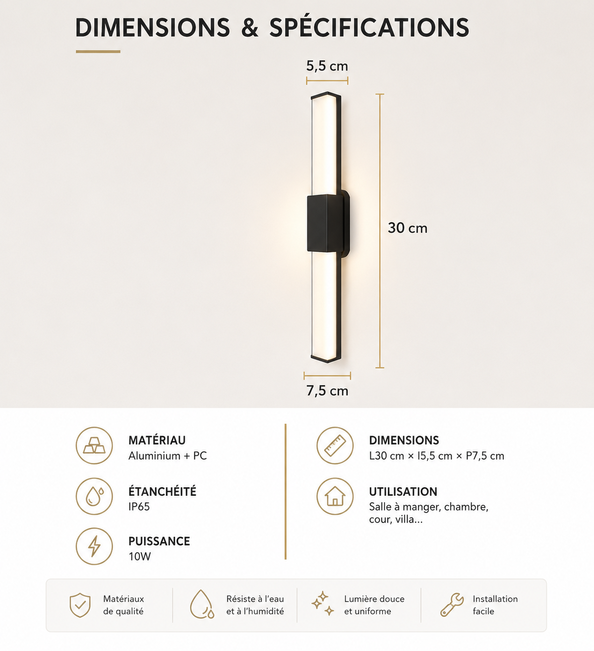 Applique Murale LED Extérieure Verticale IP65 30 à 180 cm