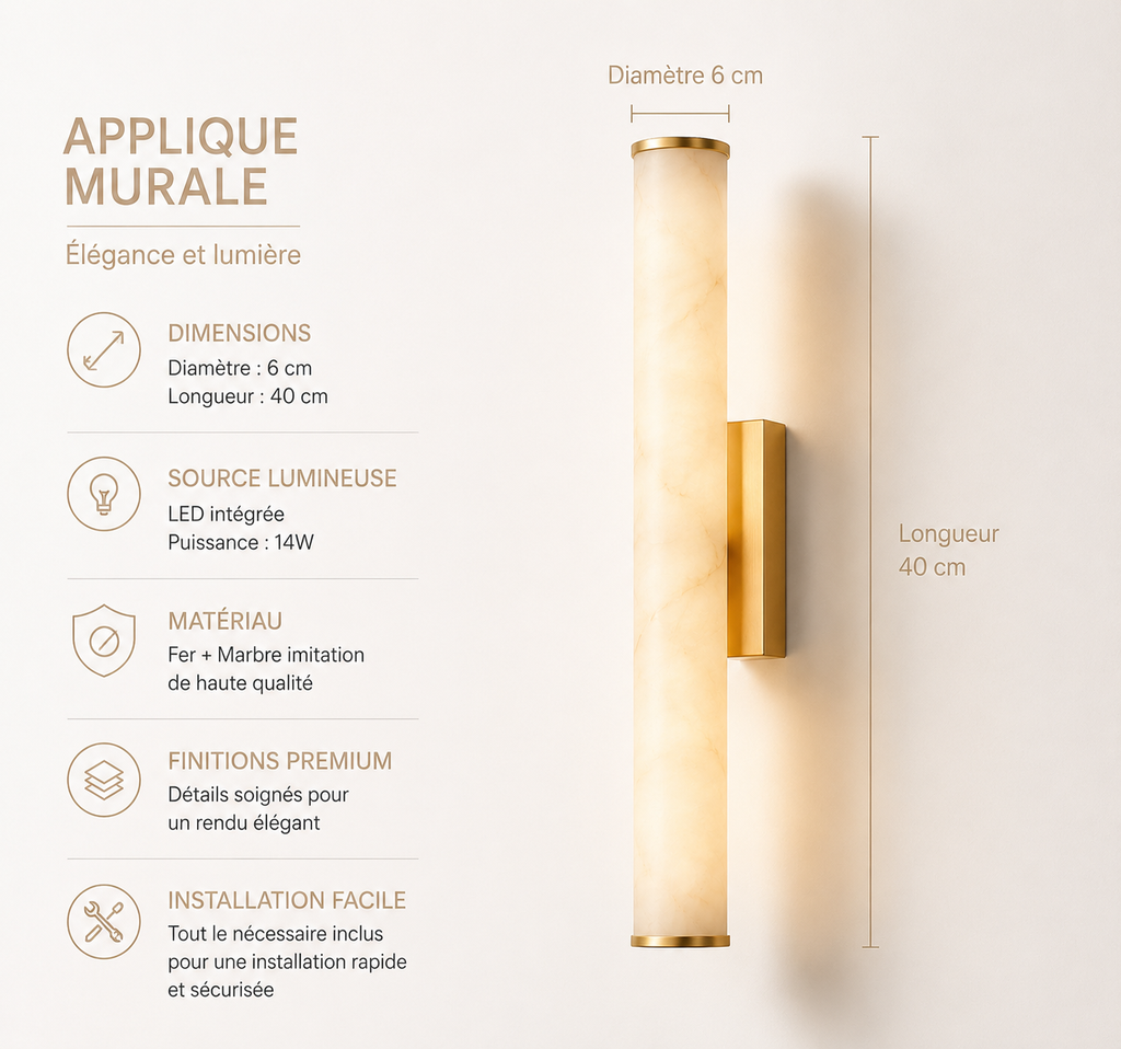 Applique Murale LED Verticale Effet Marbre Dorée  40 ou 50 cm