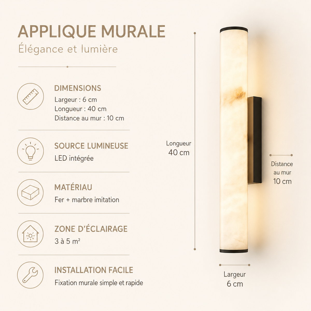 Applique Murale LED Verticale Effet Marbre Dorée  40 ou 50 cm