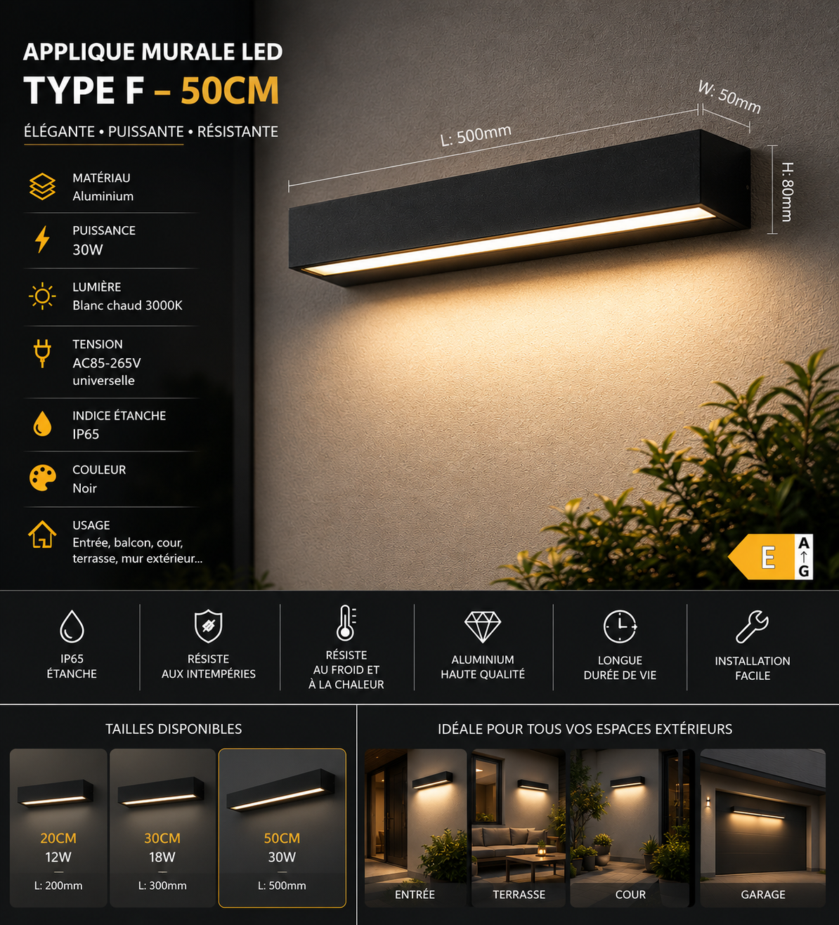Applique Murale Extérieure LED IP65 Aluminium Noire