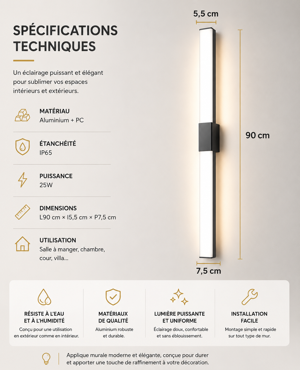 Applique Murale LED Extérieure Verticale IP65 30 à 120 cm