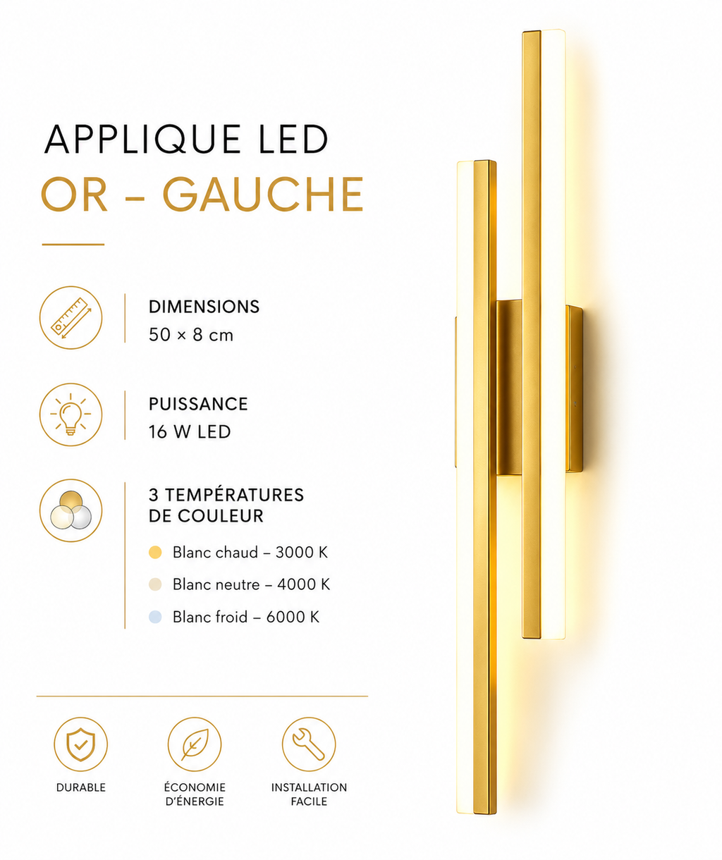 Applique Murale LED Verticale 50 cm  Noir ou Doré