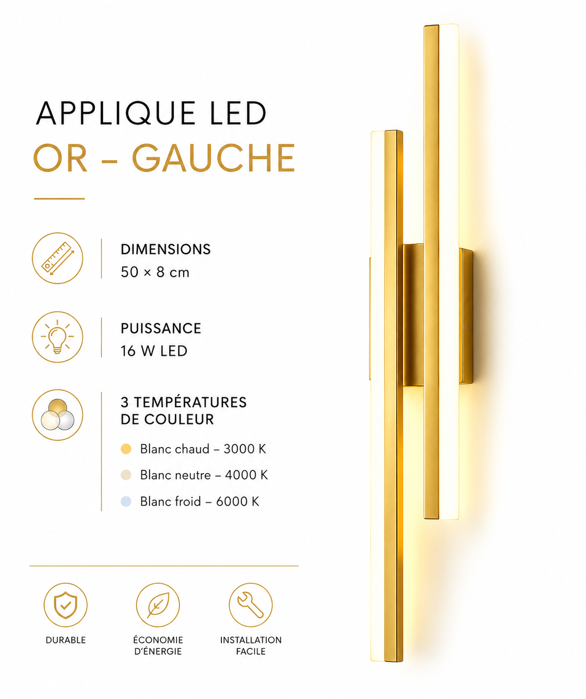 Applique Murale LED Verticale 50 cm  Noir ou Doré