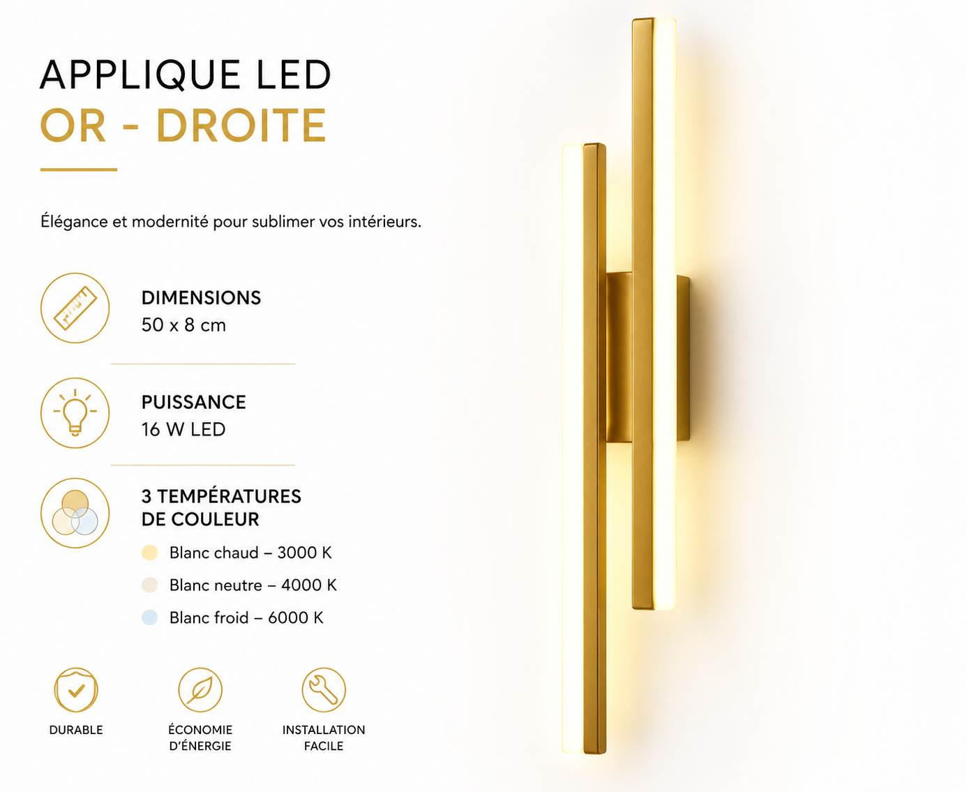 Applique Murale LED Verticale 50 cm  Noir ou Doré