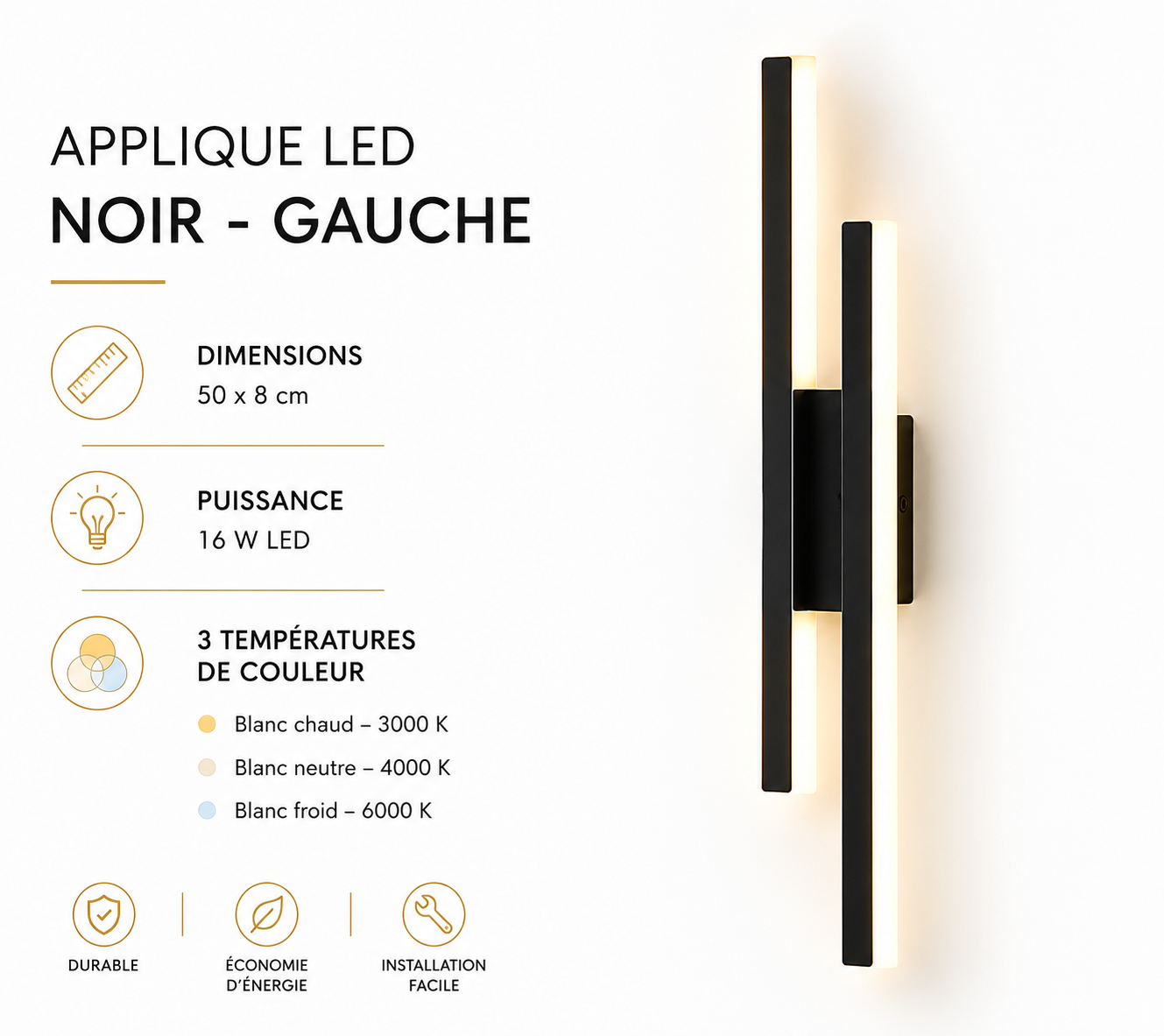 Applique Murale LED Verticale 50 cm  Noir ou Doré