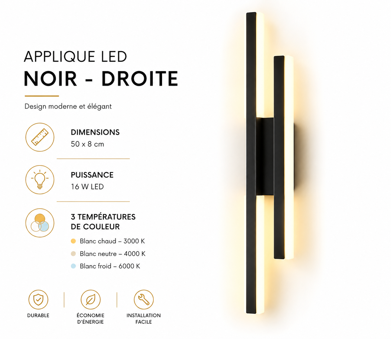 Applique Murale LED Verticale 50 cm  Noir ou Doré