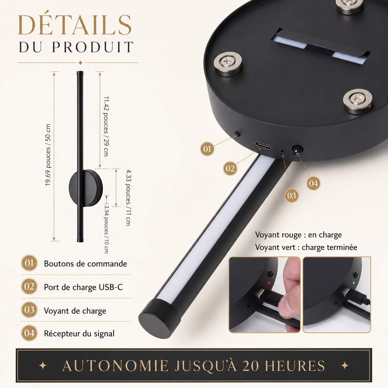 Lampe Murale Magnétique LED Rechargeable Sans Câble
