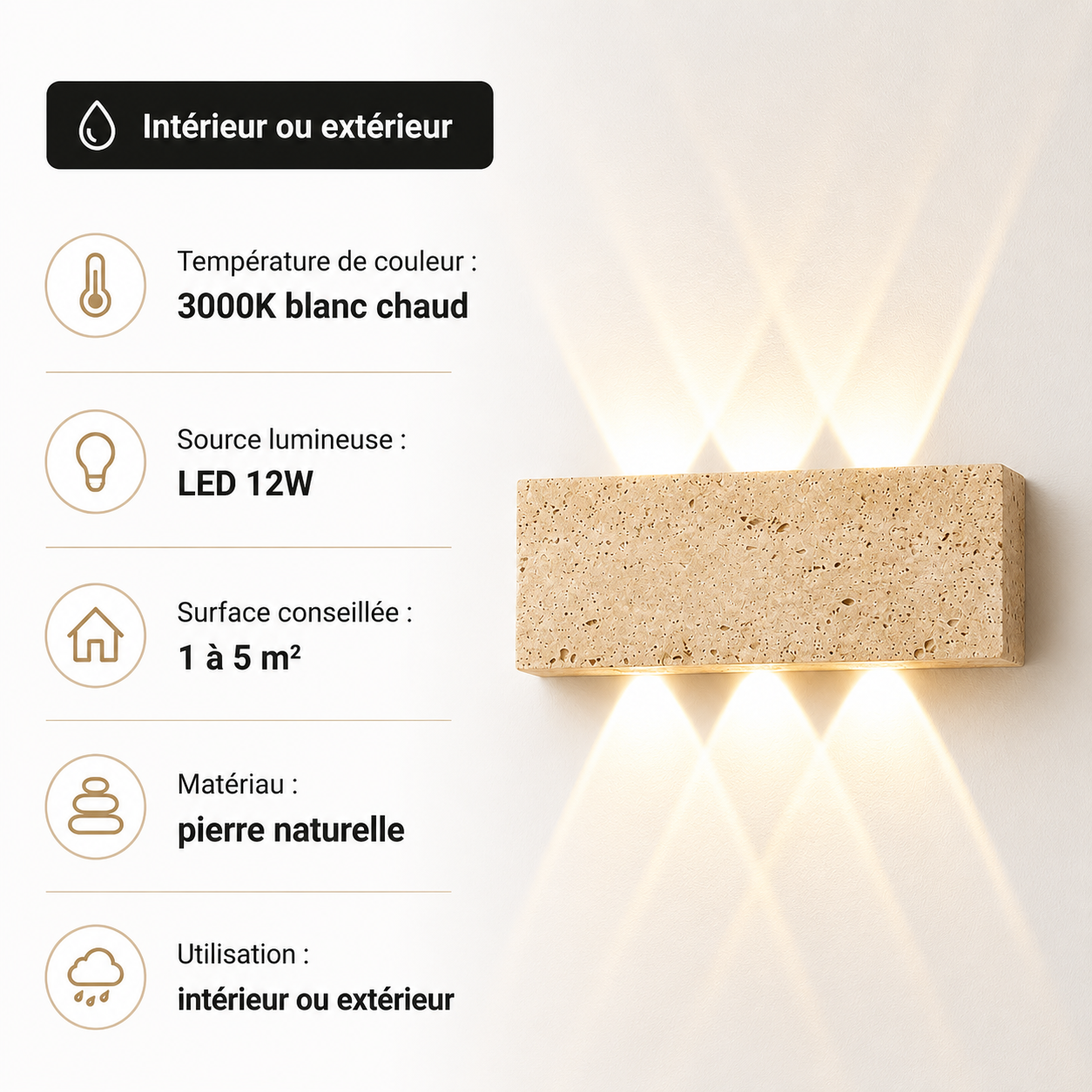 Applique Murale LED en Pierre Naturelle Wabi-Sabi