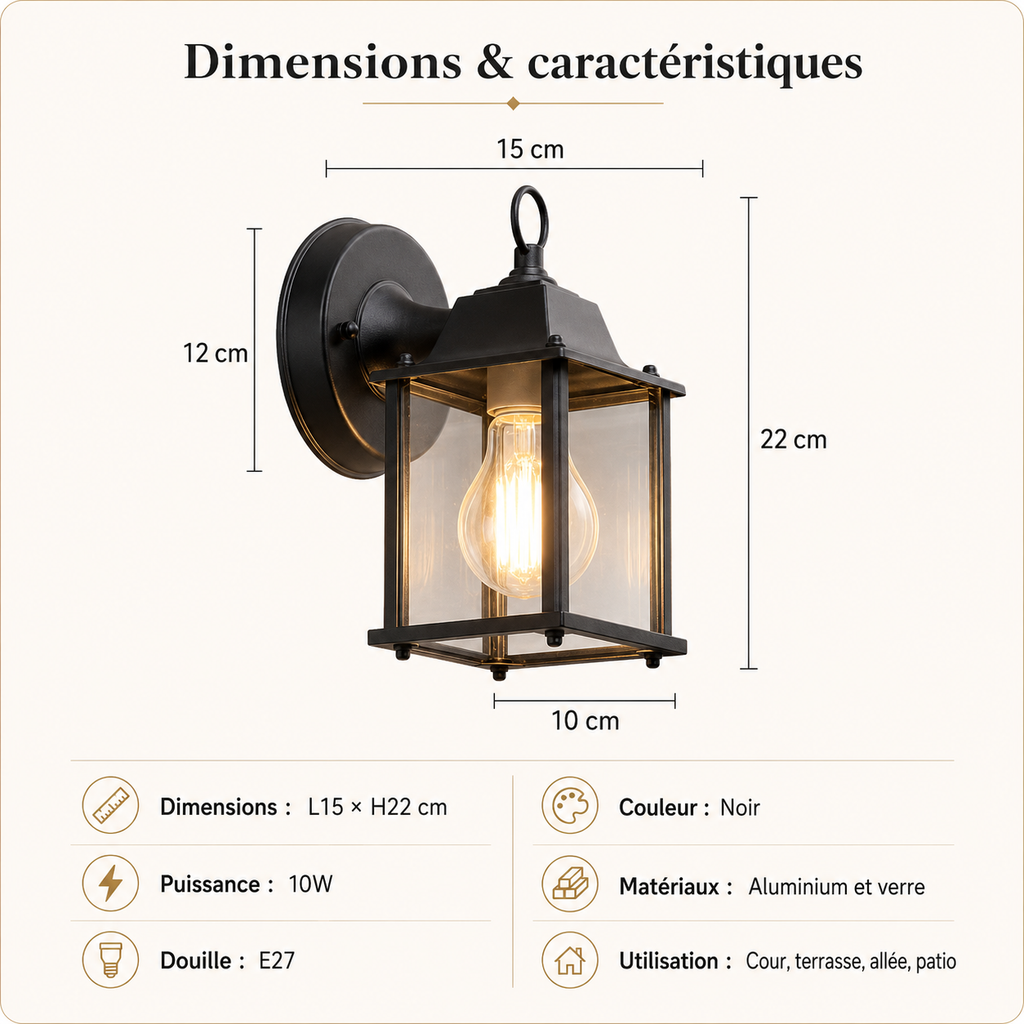 Applique Murale Extérieure Vintage E27 Noire
