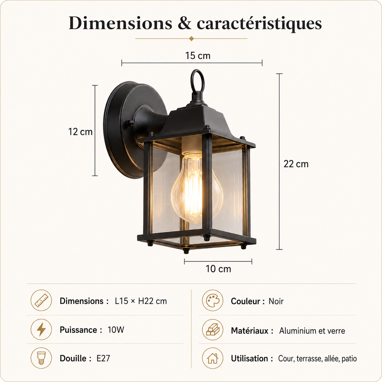 Applique Murale Extérieure Vintage E27 Noire